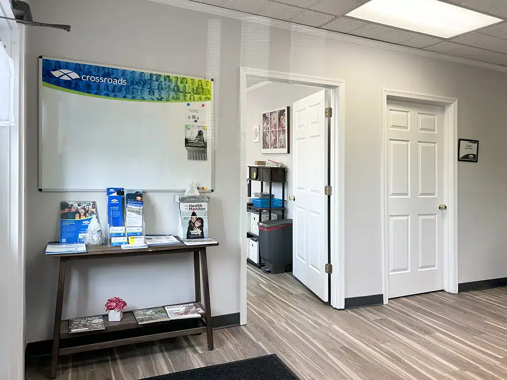 Reception area with brochures and check-in desk