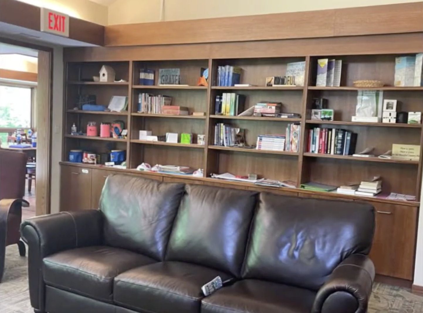 Leather sofa in front of bookshelves filled with books