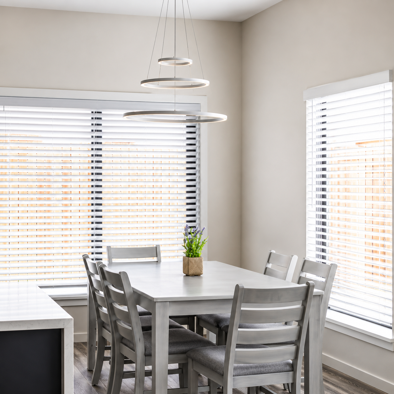 Bright dining room with table seating for residents