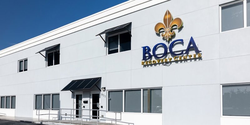 A bright and welcoming exterior of Boca Recovery Center with clear signage, large windows, and an accessible entrance.