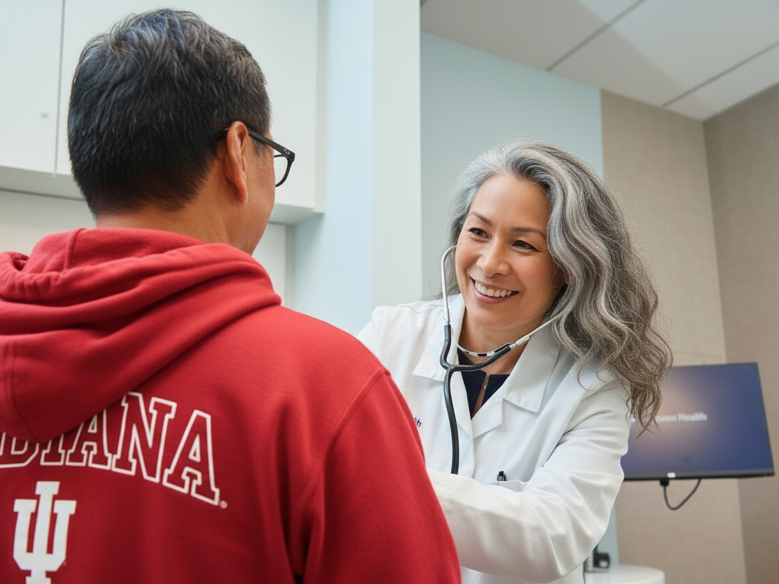 Doctor smiling while examining patient in clinic room.