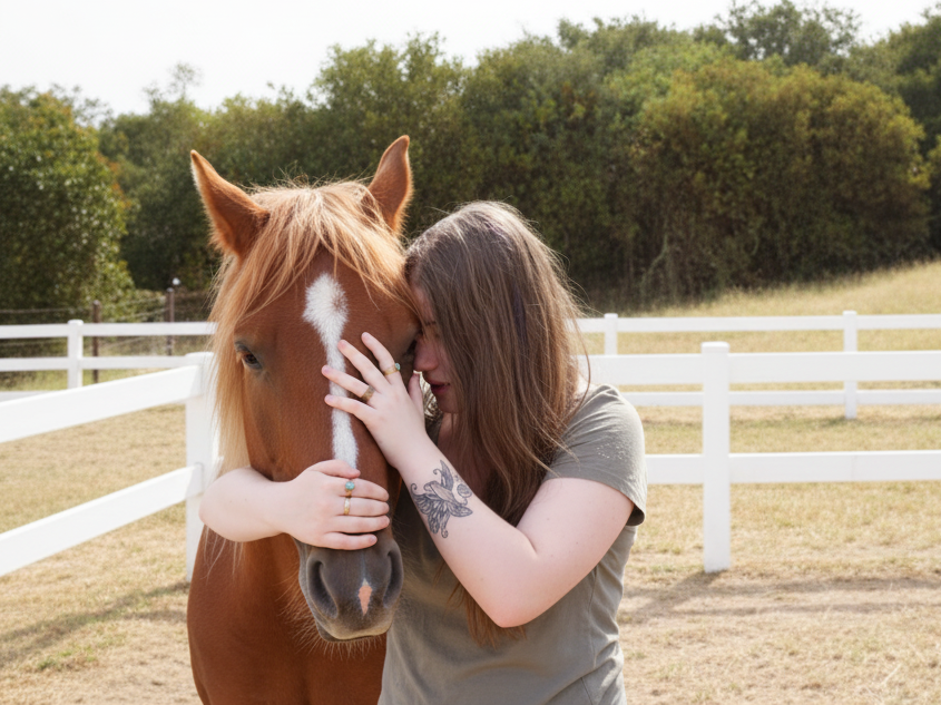 Woman comforting a horse during outdoor equine therapy.