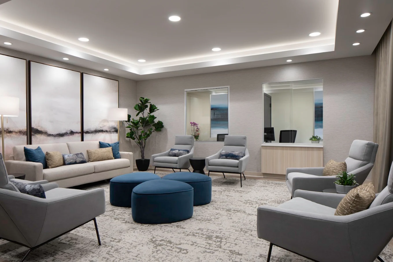 Comfortable lounge with sofas, armchairs, and round tables