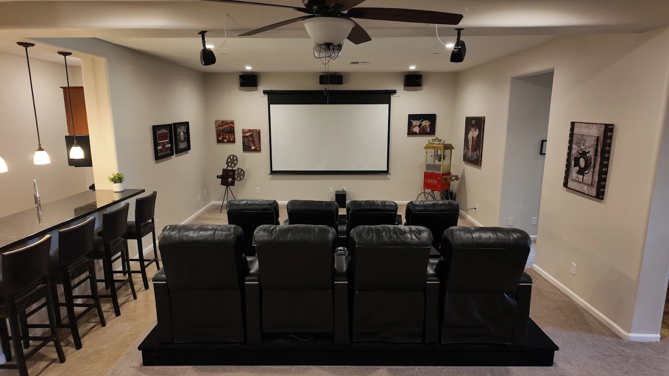 Home theater with recliners and large projection screen
