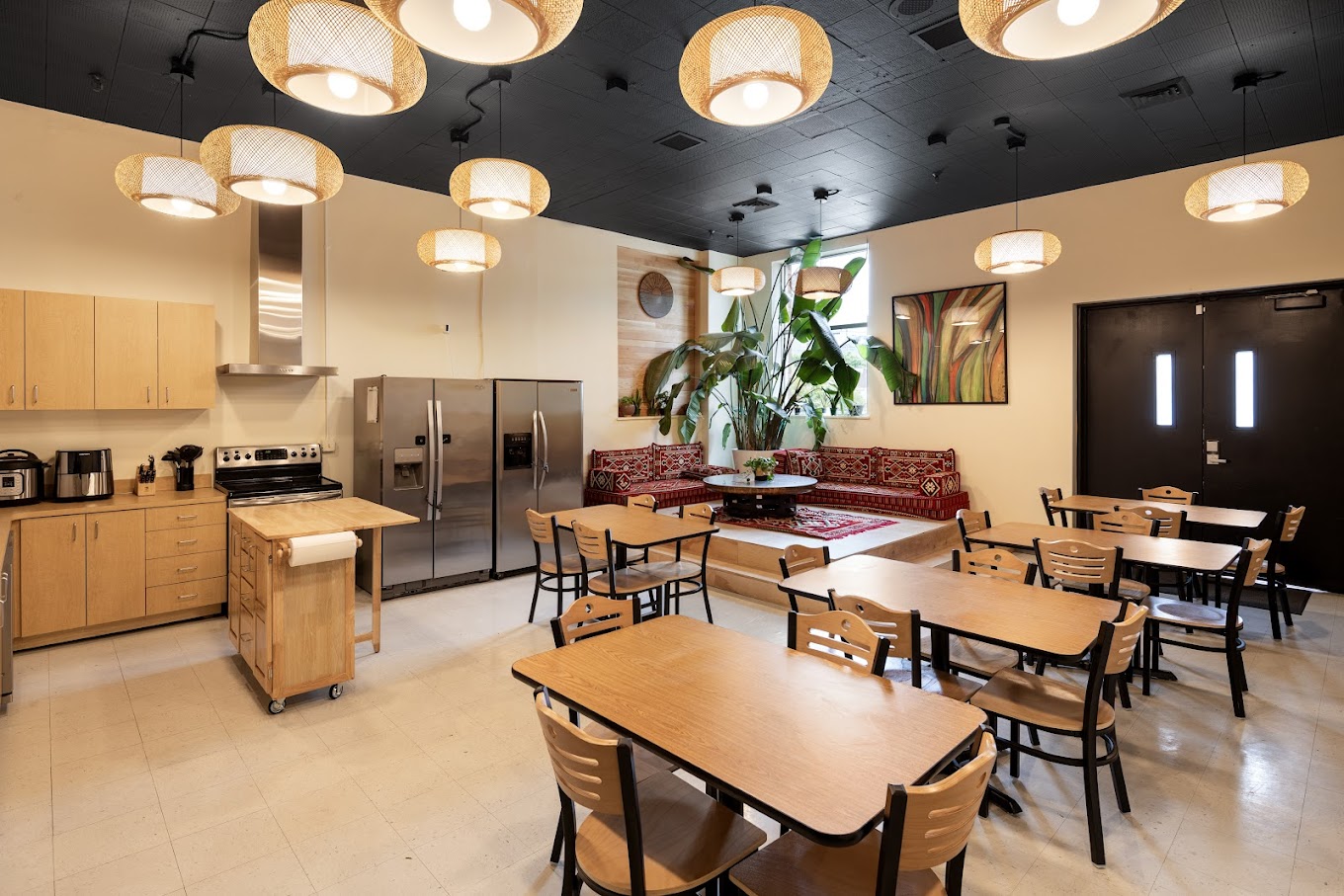 Dinning hall with shared tables and seating.