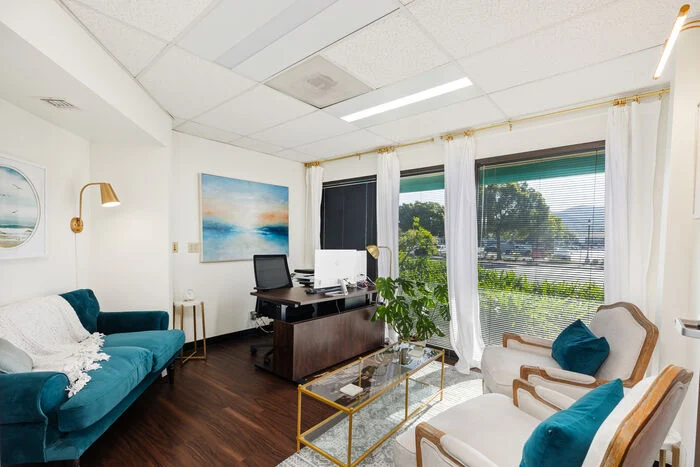 Private counseling office with seating and natural light
