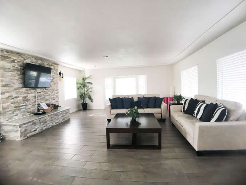 Modern lounge with sofas and mounted TV