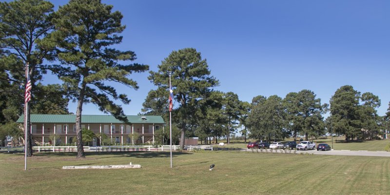 A peaceful property surrounded by tall trees, a well-maintained lawn, and a charming building with a green roof, offering a serene retreat.