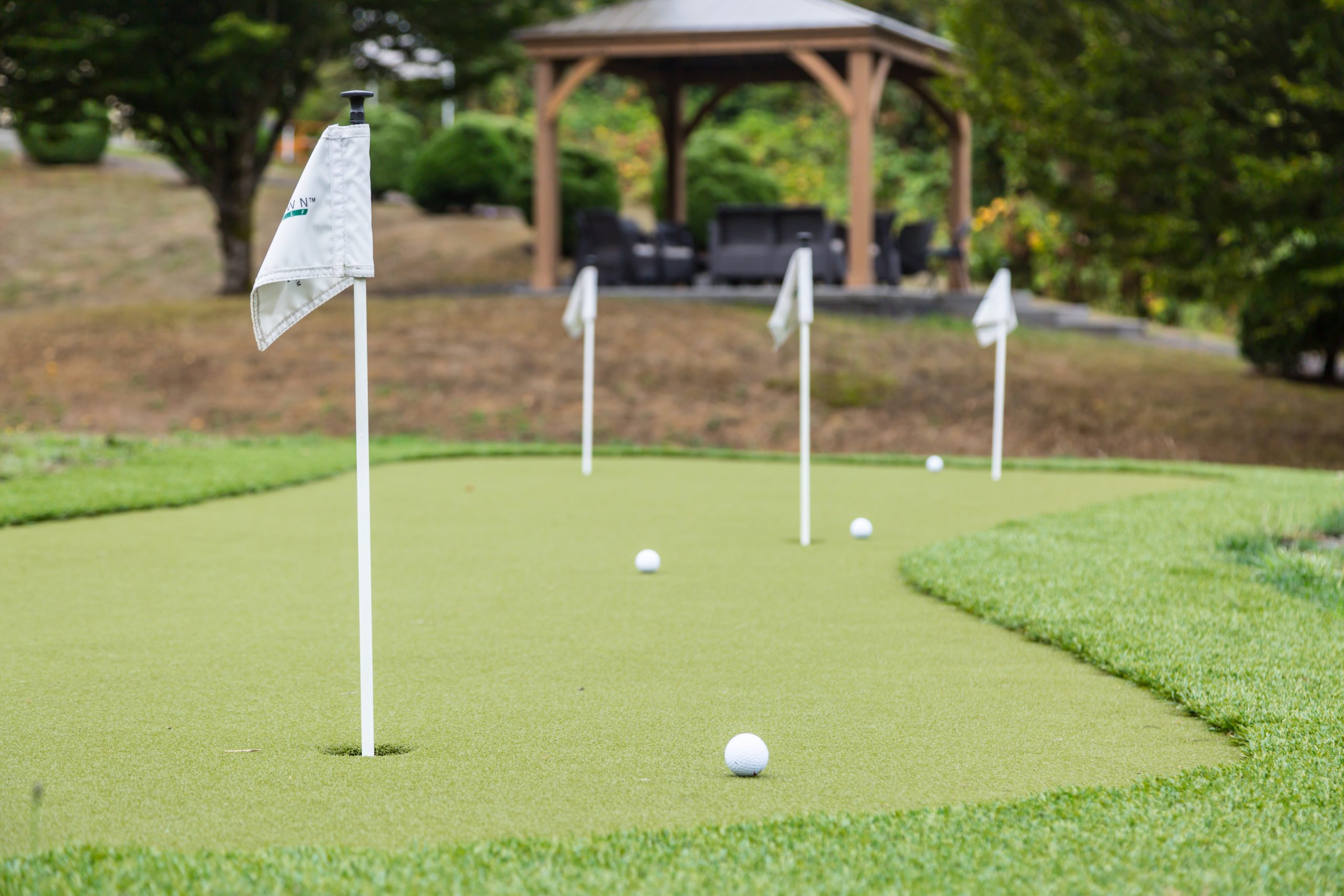 A putting green with golf balls and flags in a landscaped outdoor area.