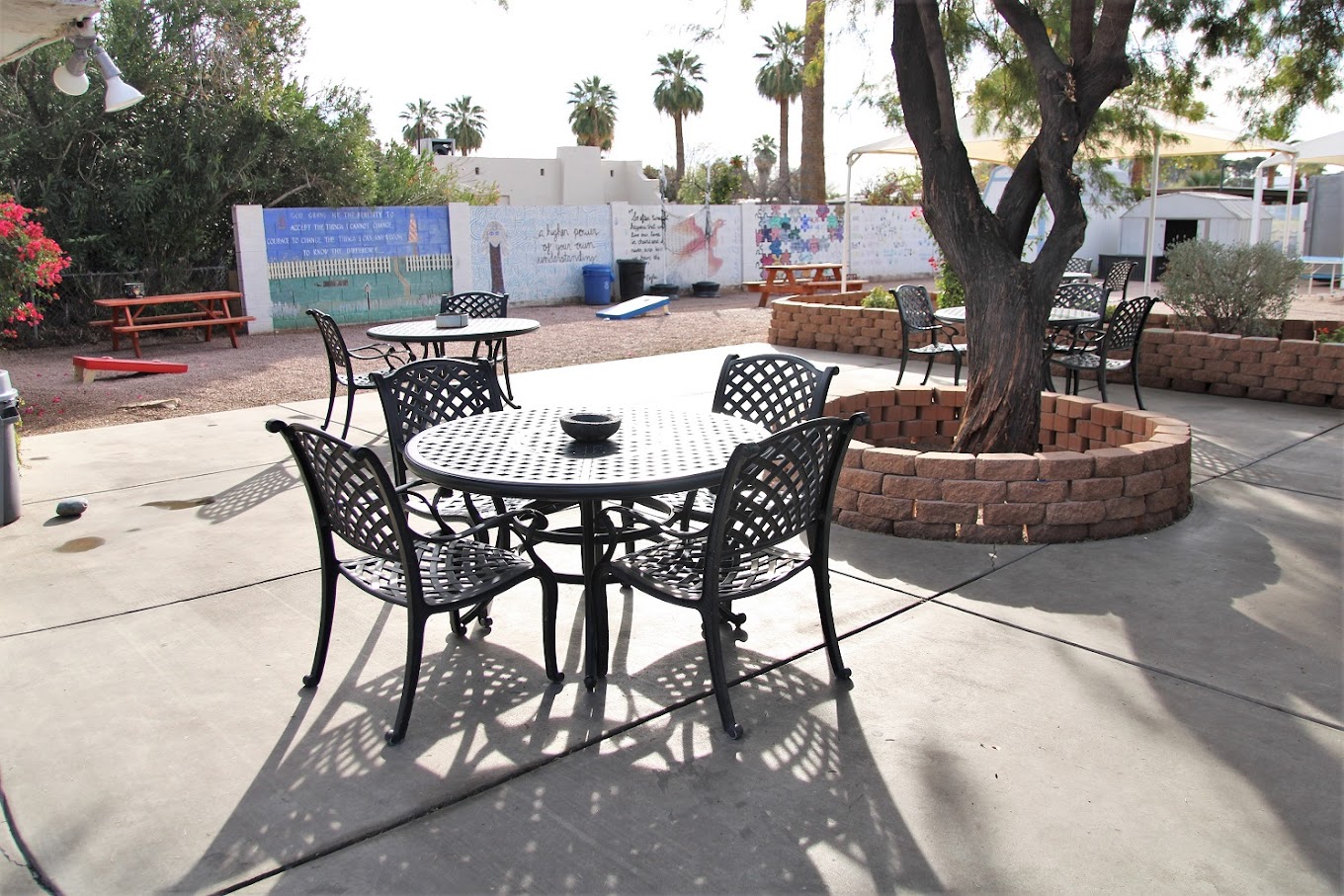 Shaded outdoor seating area with chairs near garden shrubs