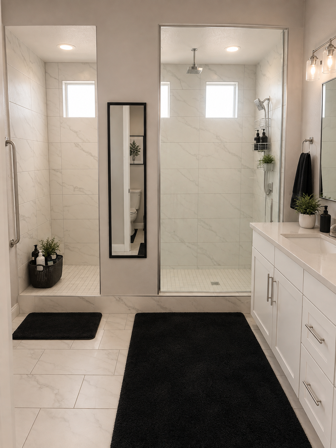 Bright bathroom with walk-in shower and double vanity