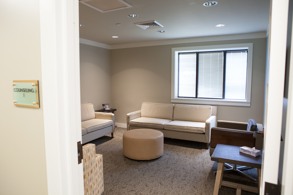 Private counseling room with couches and natural light