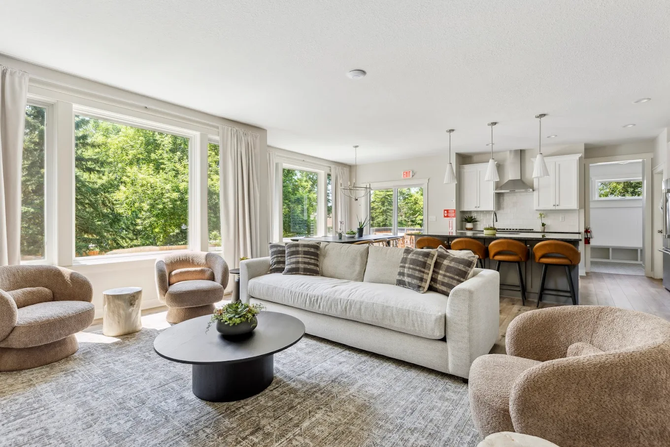 Open living room and kitchen with natural light
