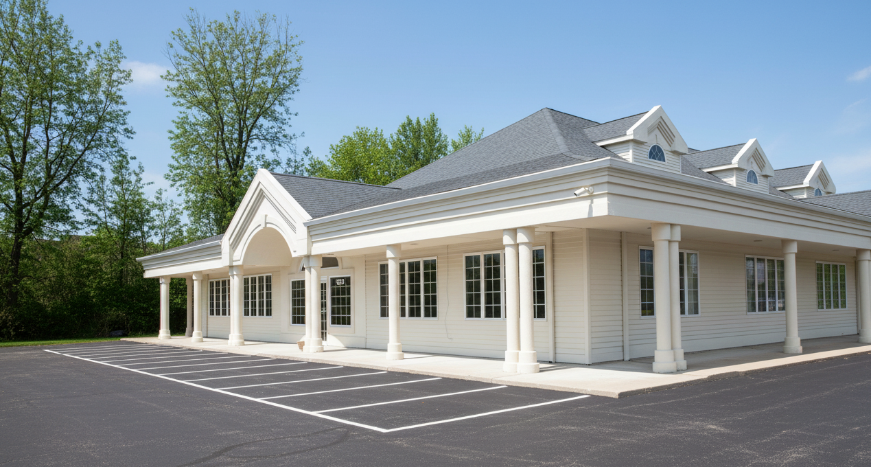 Front angle of the rehab center with columns and large windows.