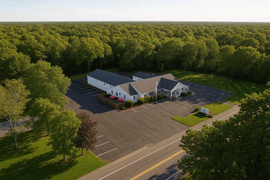 Aerial view of facility surrounded by dense trees.