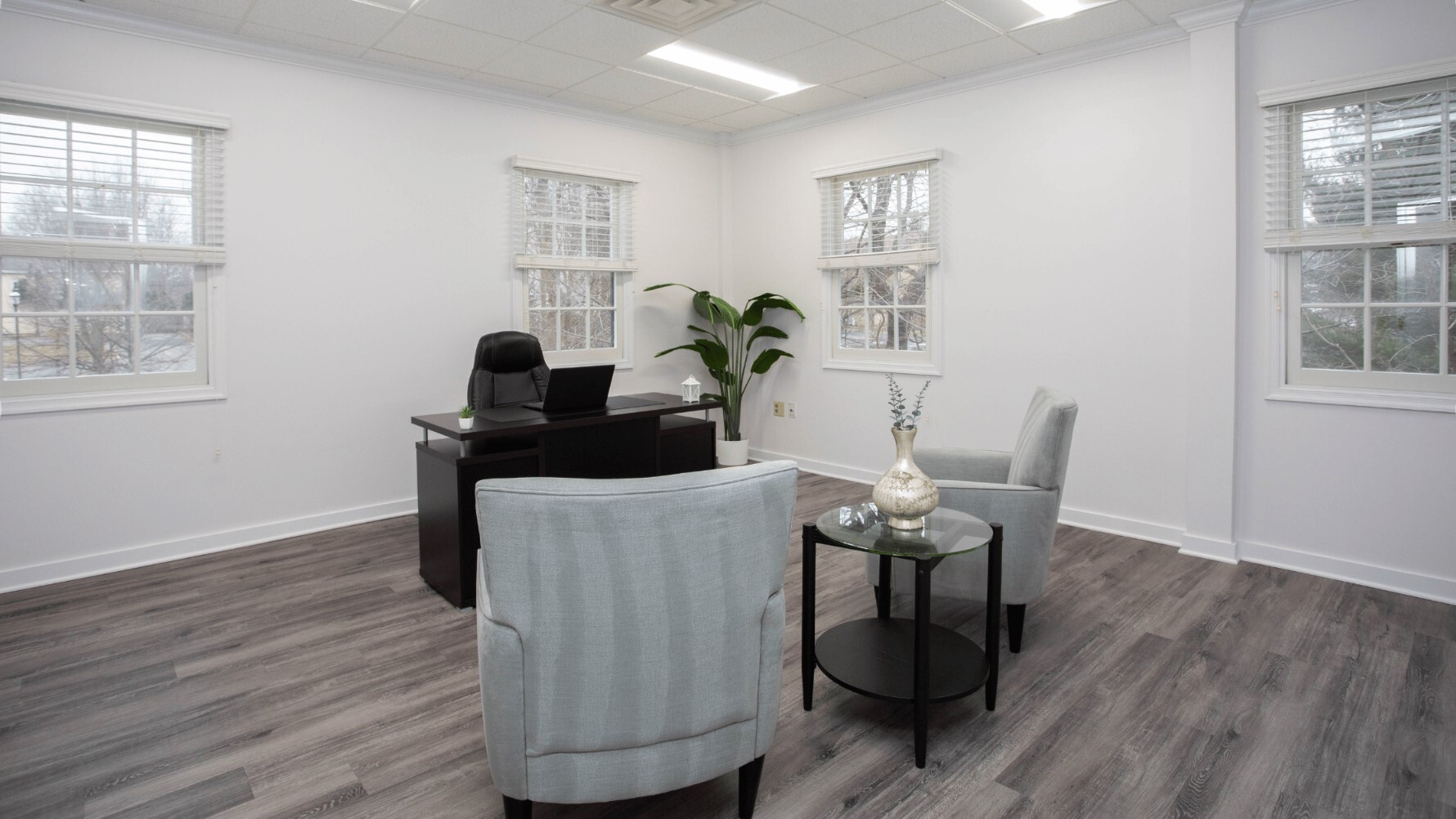 Therapy room with armchairs in front of an office desk.