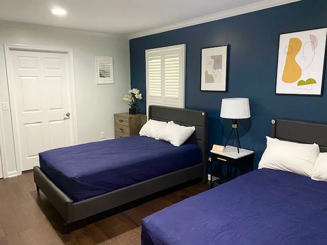 Two twin beds with navy bedding in modern rehab room
