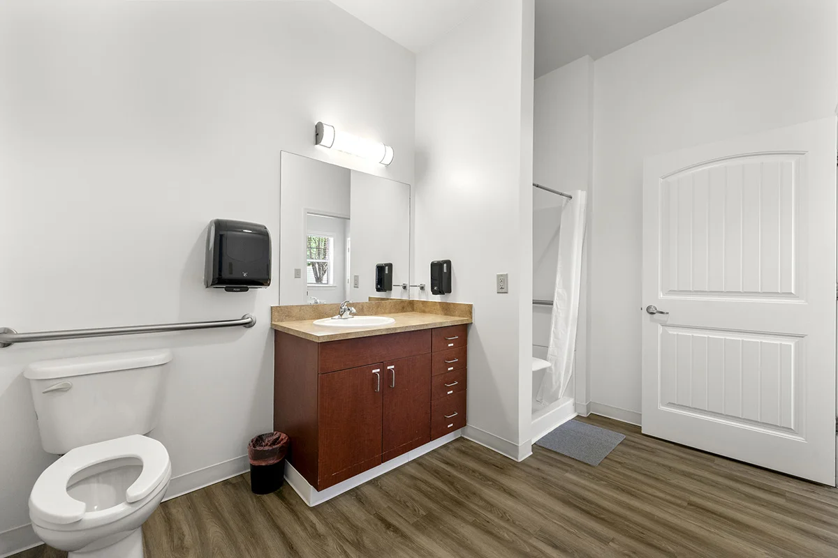 Accessible bathroom with walk-in shower, grab bars, vanity, and wheelchair-friendly layout