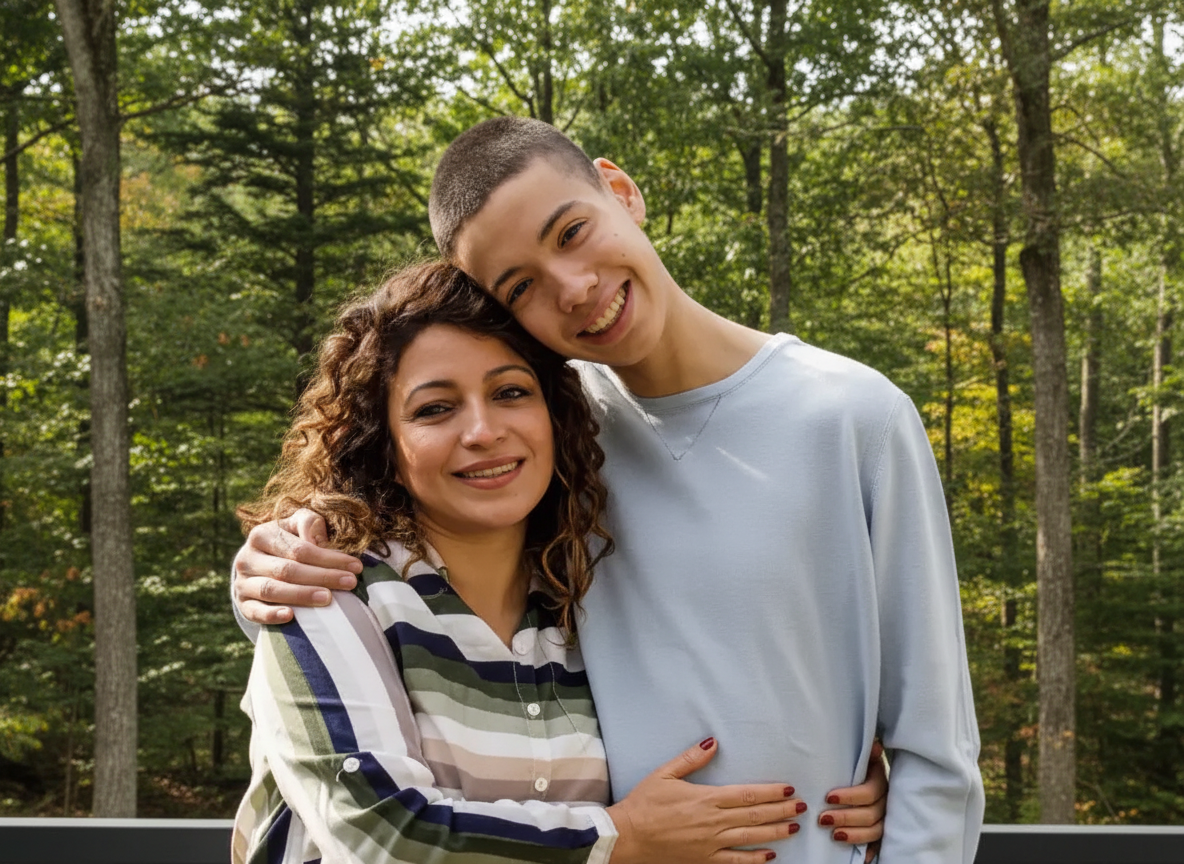 Mom and teen son embracing in wooded outdoor setting.