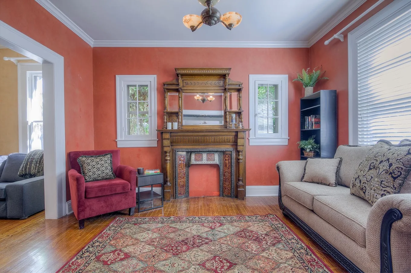 Cozy lounge with fireplace and comfortable seating
