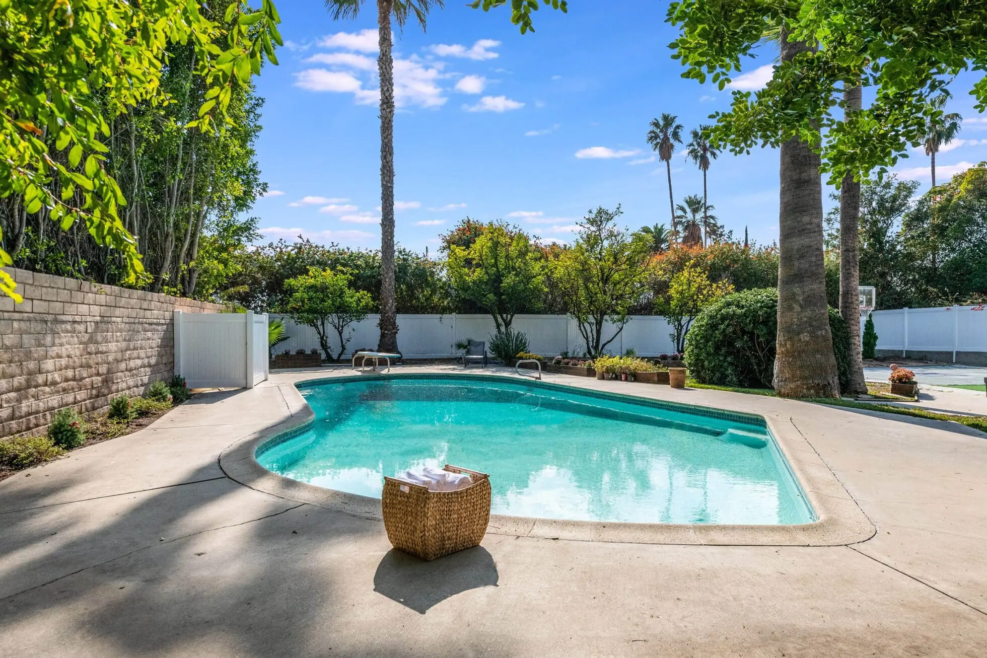 Private swimming pool with trees and sun loungers