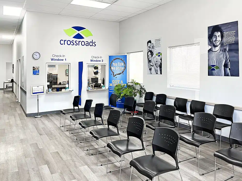 Seating area with chairs facing check-in desk