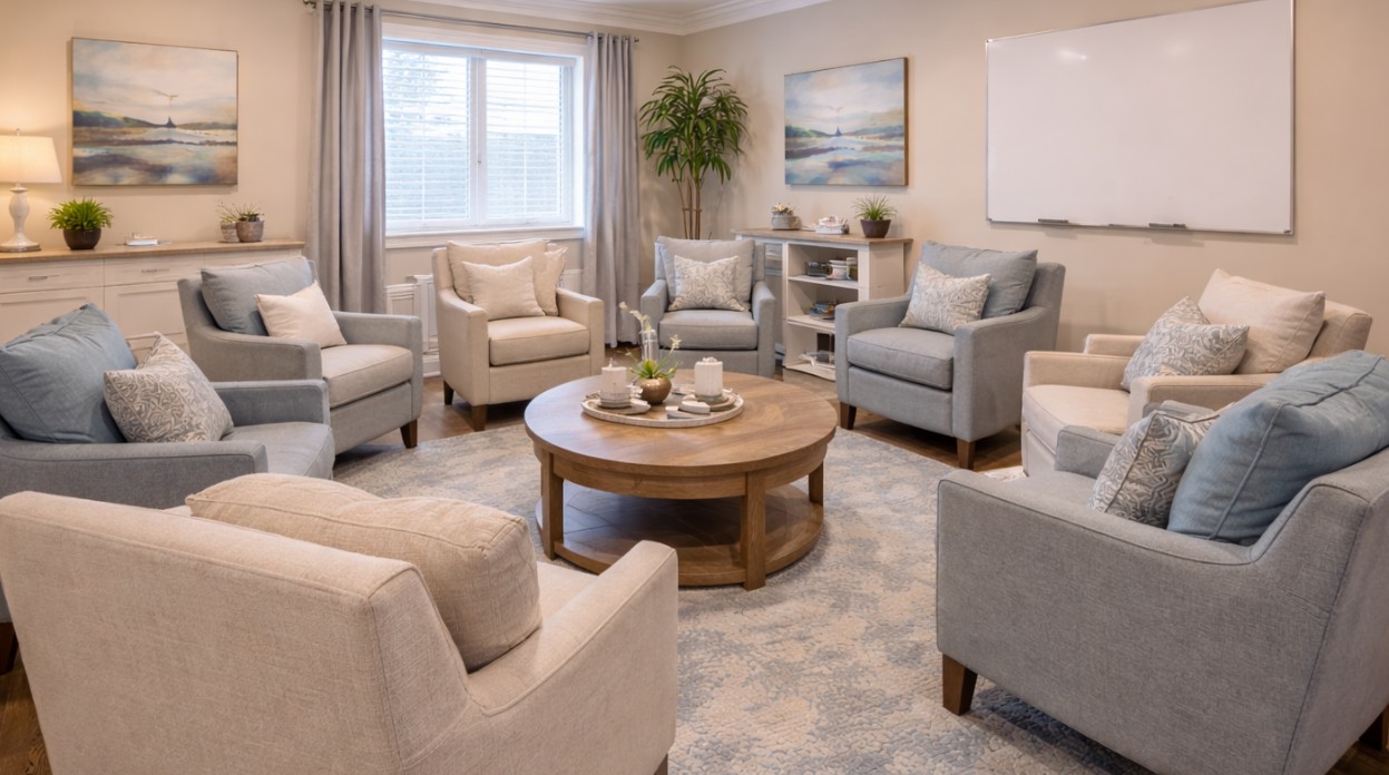 Group therapy room with chairs arranged in a circle
