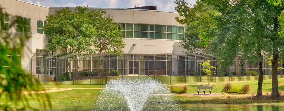 Campus pond with fountain and landscaped grounds