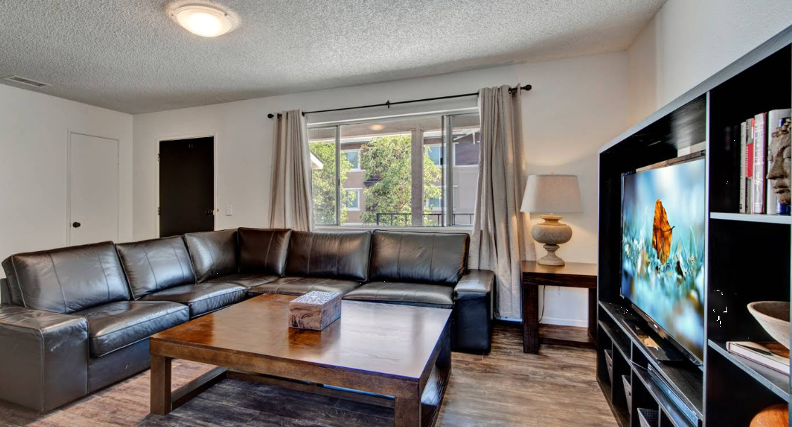 Living area with sectional leather couch and TV