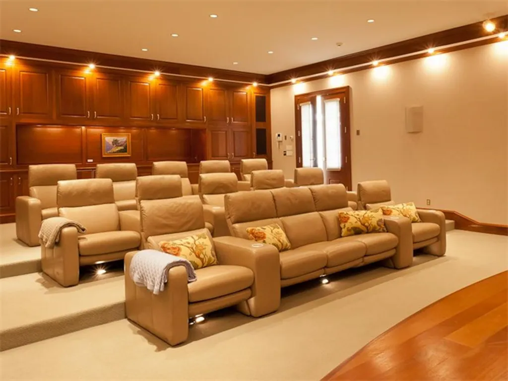 Theater room with recliners and large viewing screen