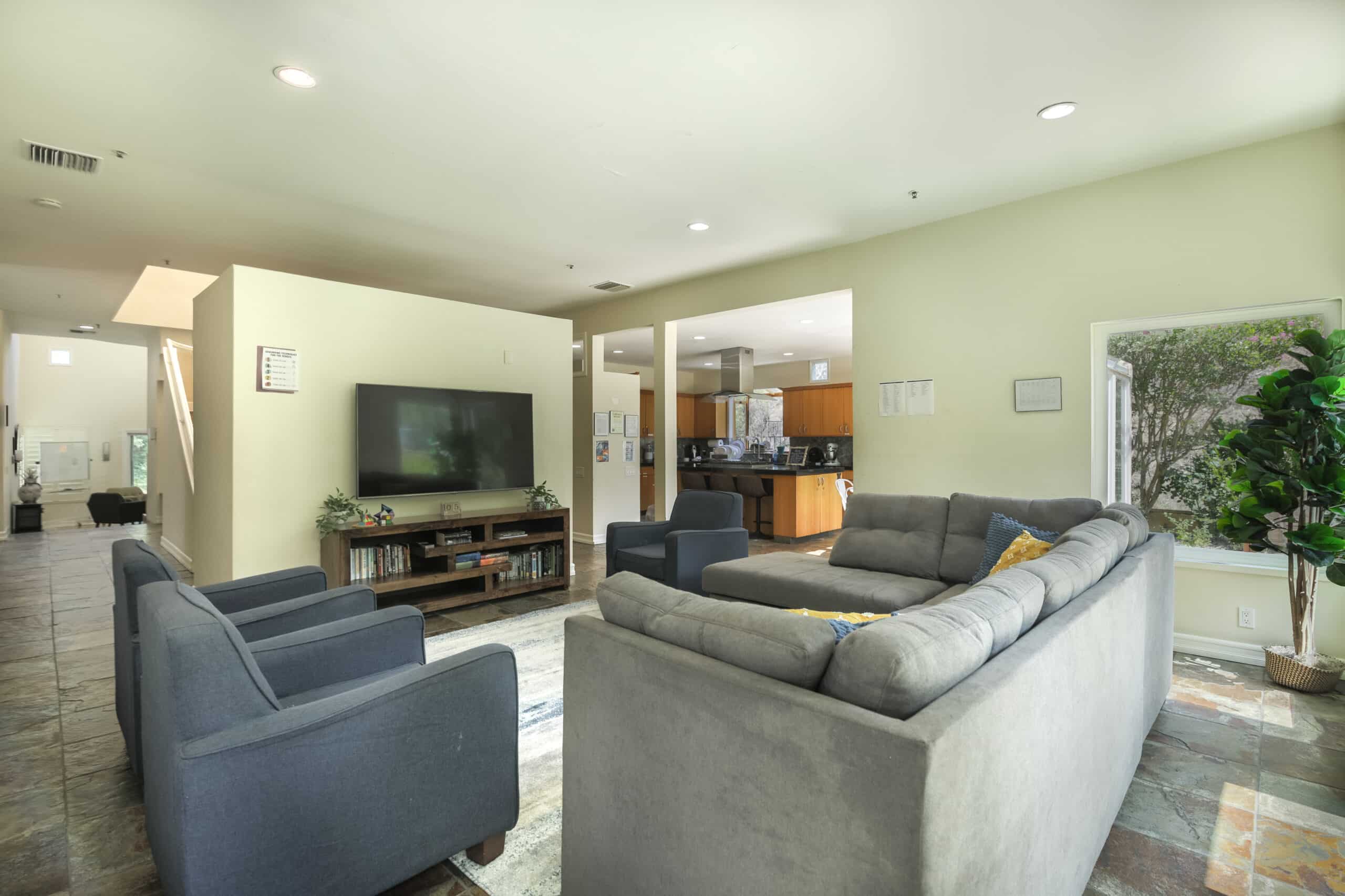 Living area with couches and large flat-screen TV