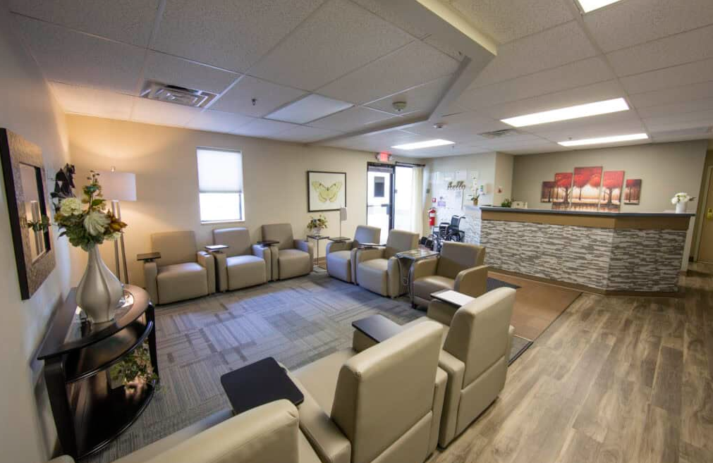 Lobby with seating and reception desk at Recovery Works Merrillville