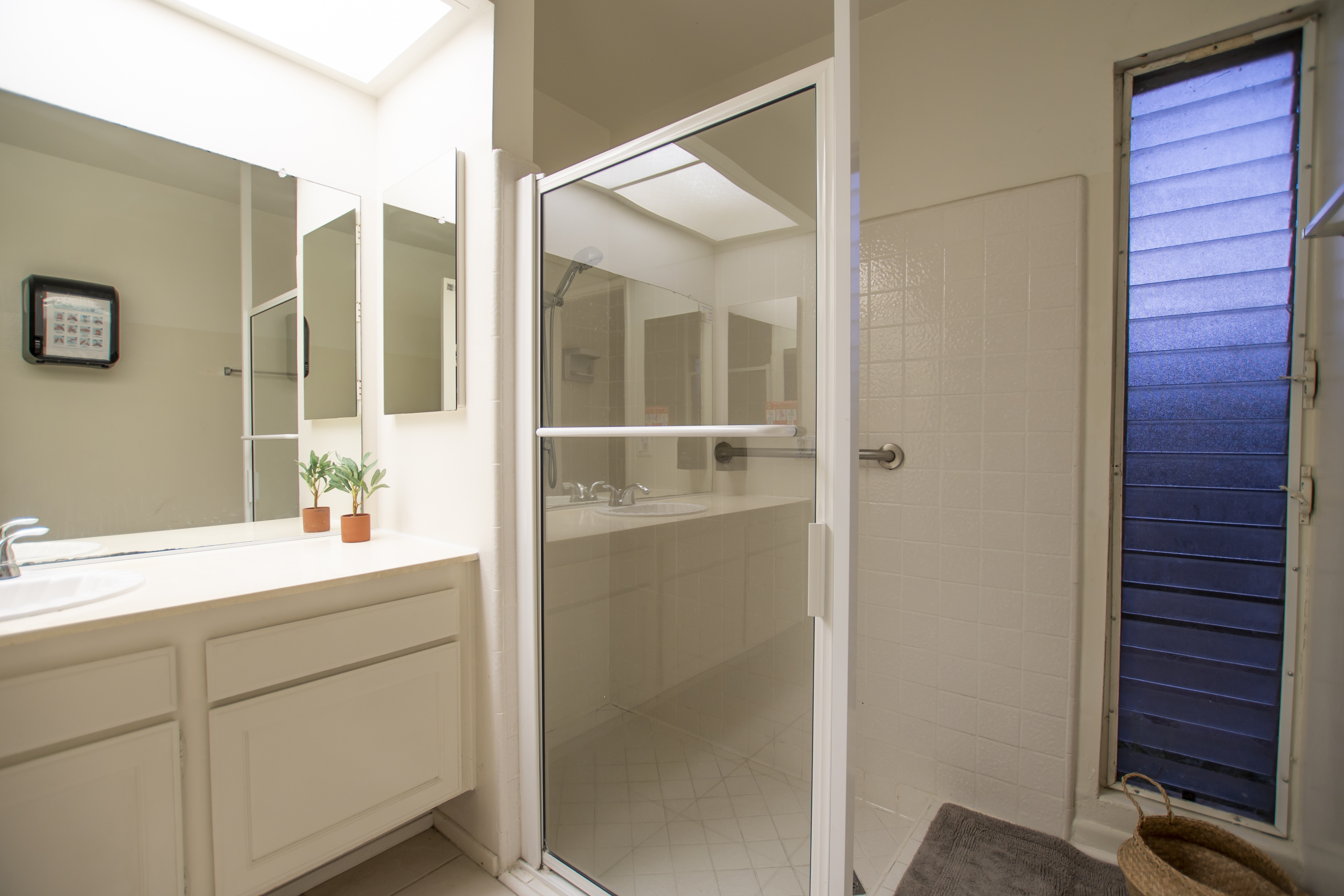 Bathroom with shower, long vanity, and mirror