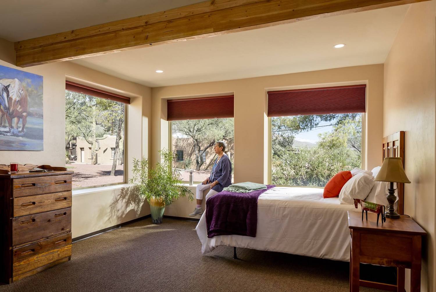 Tranquil private bedroom with large windows and forest views at Sabino Recovery