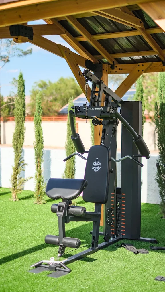 Outdoor gym machine under a wooden canopy