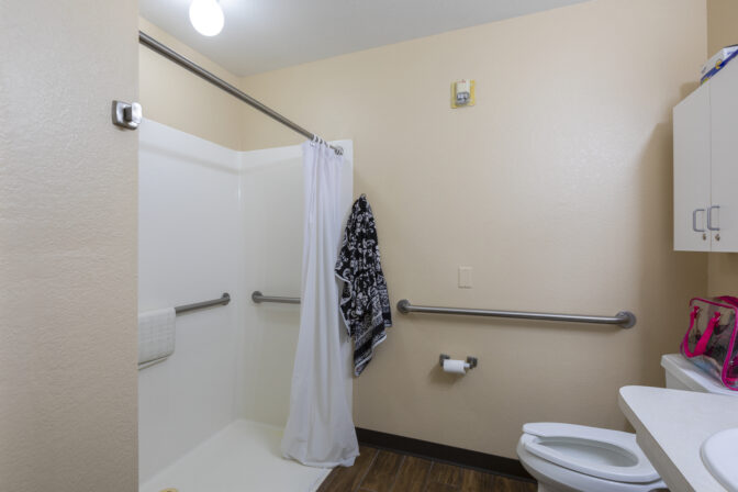 Bathroom with shower, grab bars, and accessible layout