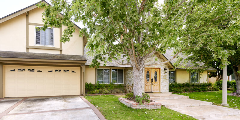 A charming suburban home with a spacious driveway, double garage, and lush green landscaping, shaded by a large tree near the welcoming entrance.