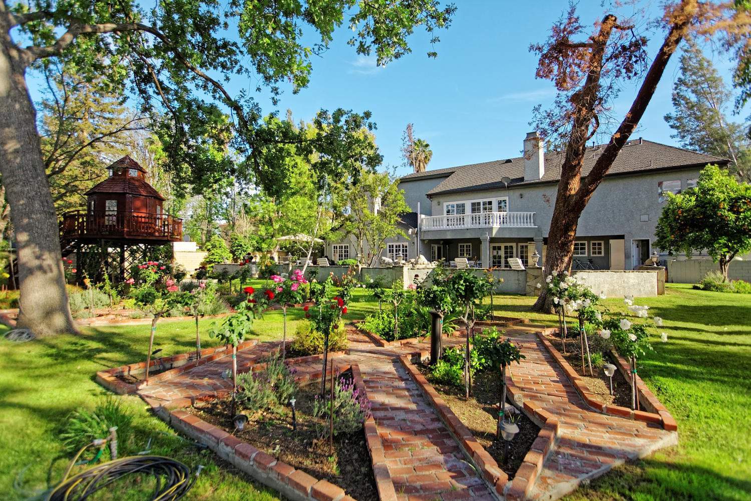 Garden with roses and brick paths under trees
