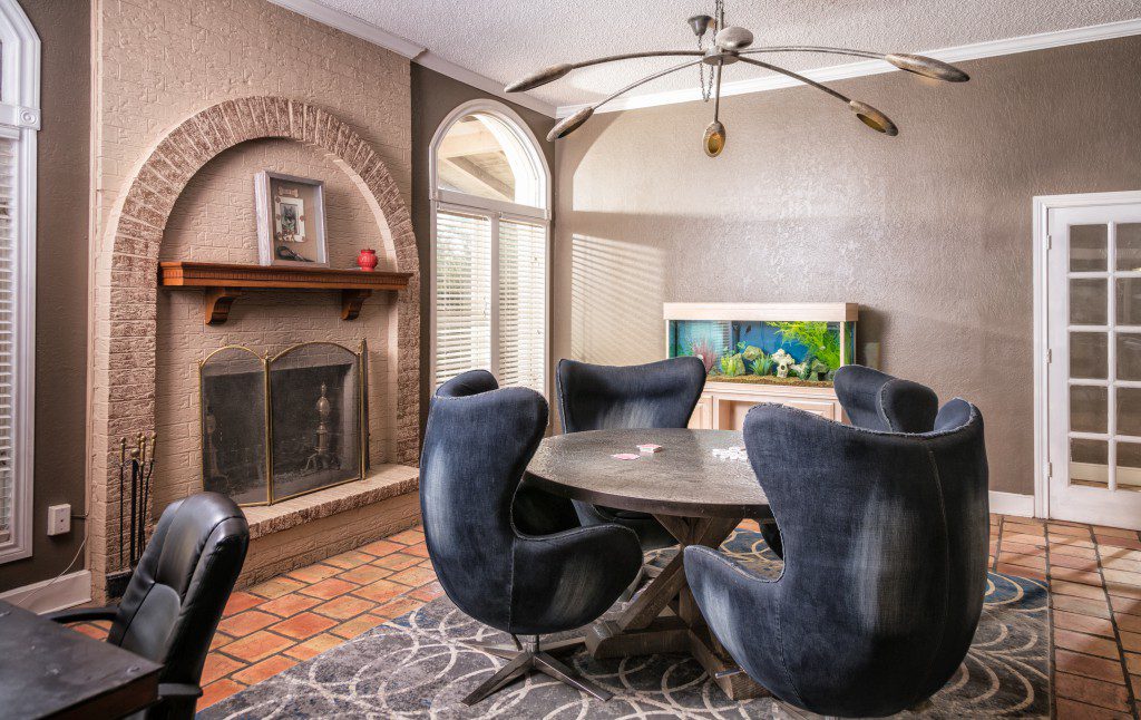 Meeting room with fireplace and comfortable seating