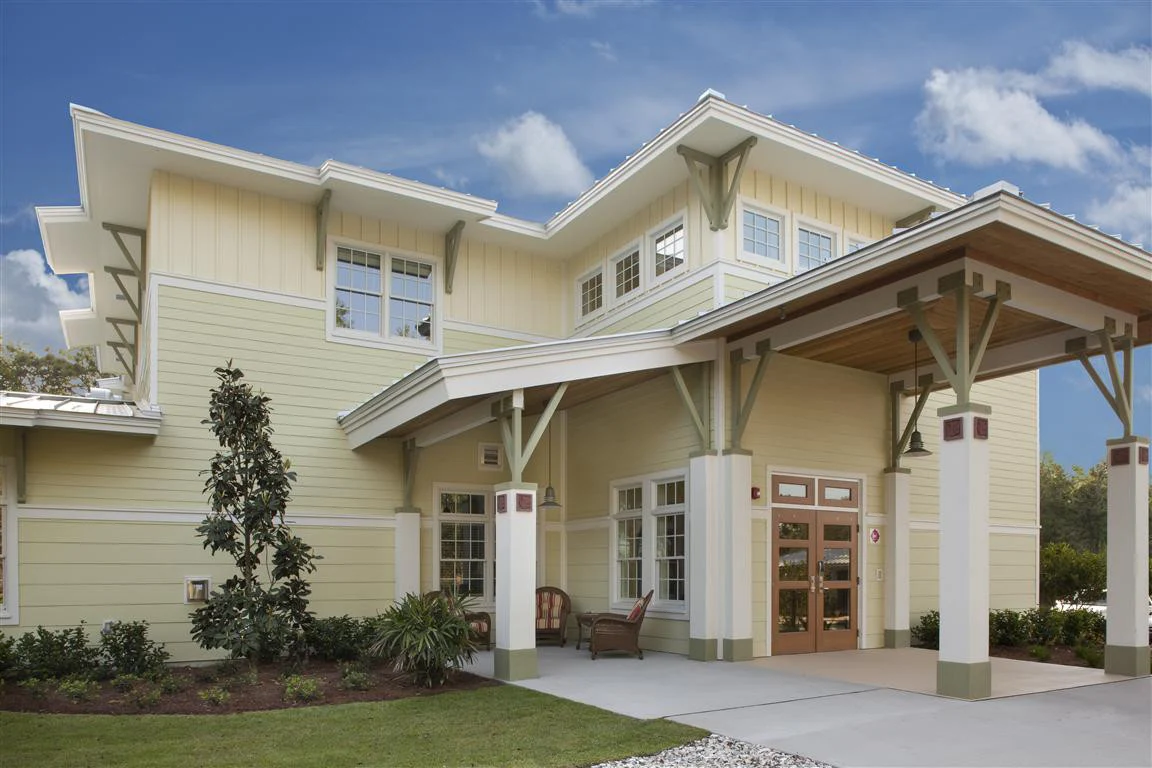 Main entrance of treatment center with covered portico