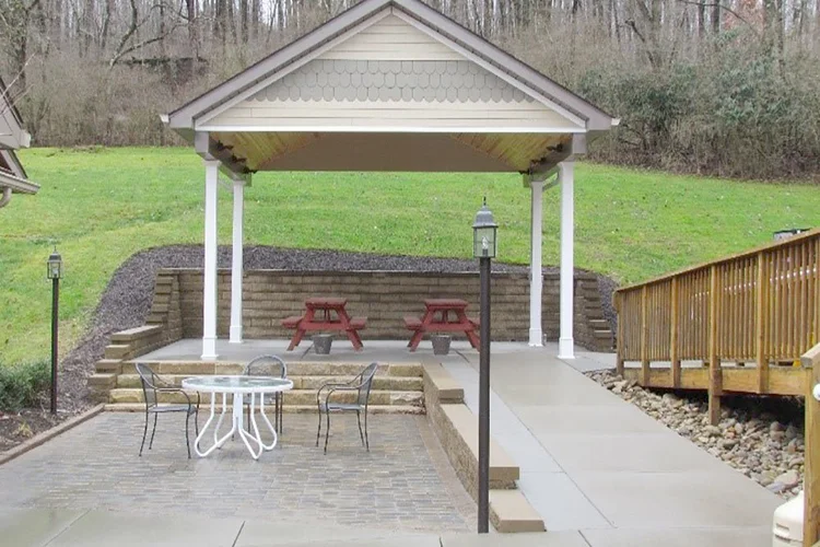 Covered pavilion with picnic tables and patio