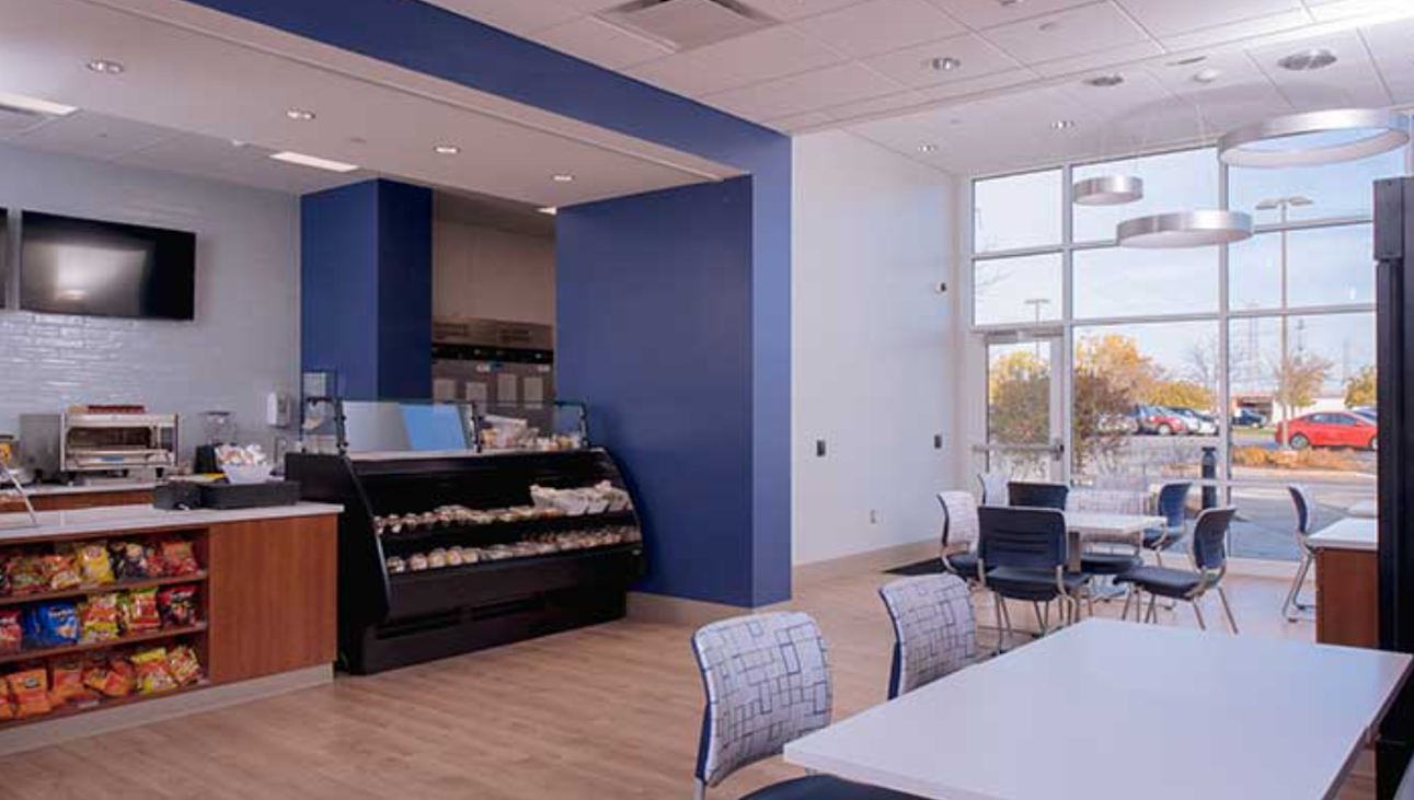 Pantry with food counter and seating area