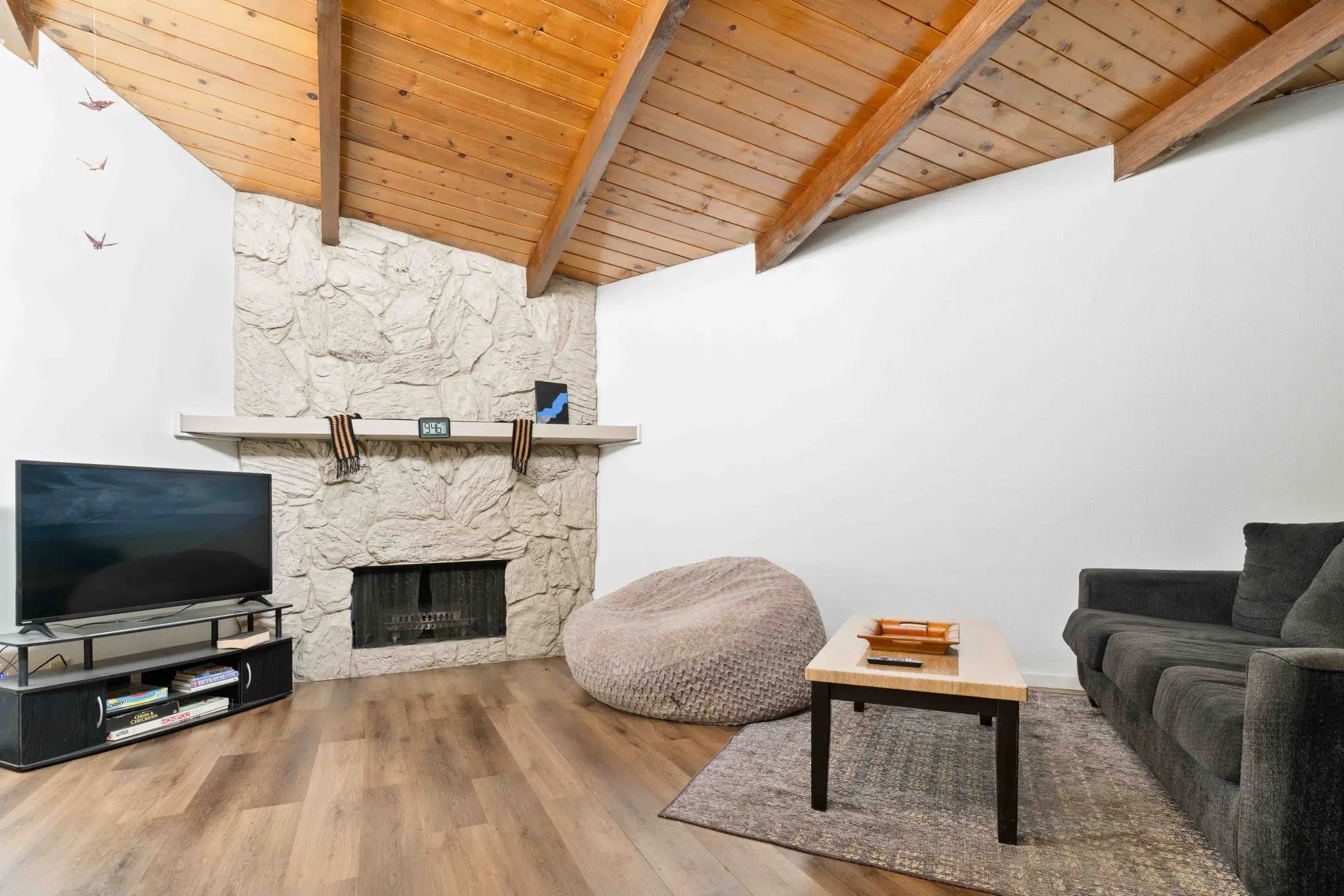 Cozy lounge with fireplace, sofa, TV, and bean bag chair