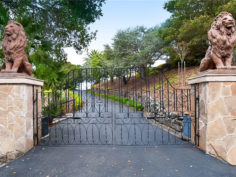 Decorative gated entrance with stone pillars and lion statues