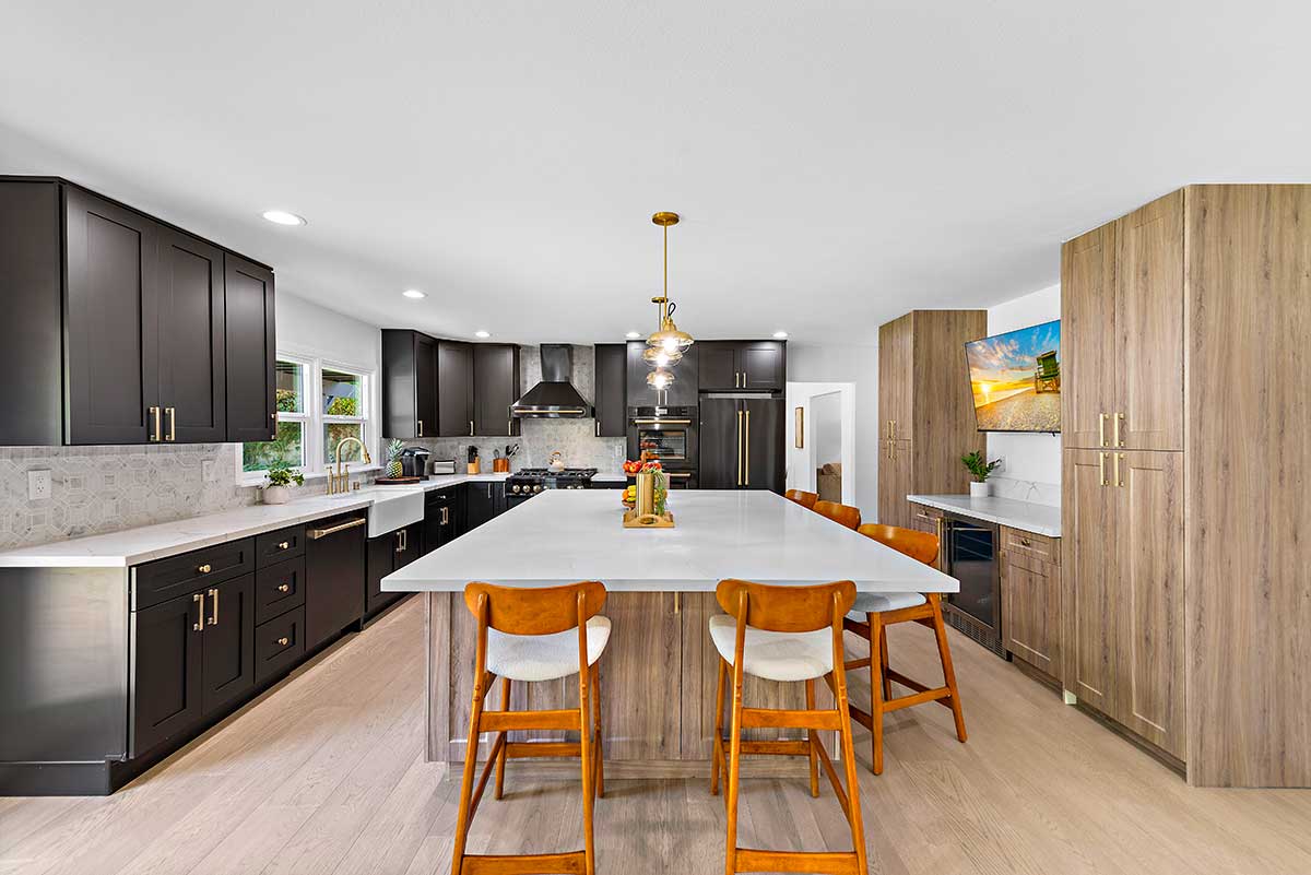 Modern kitchen with large island and counter seating