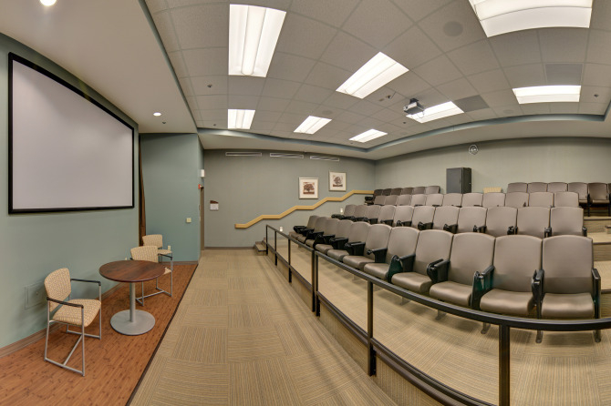 Auditorium-style room with screen and padded seats
