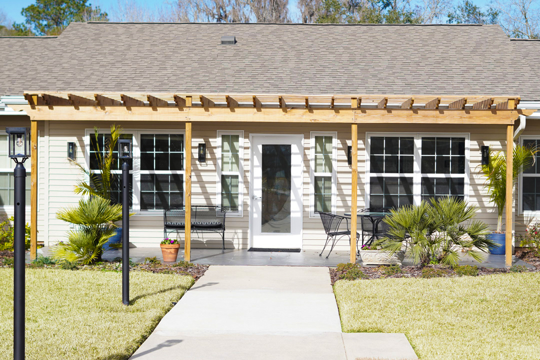 Outdoor patio with pergola and seating