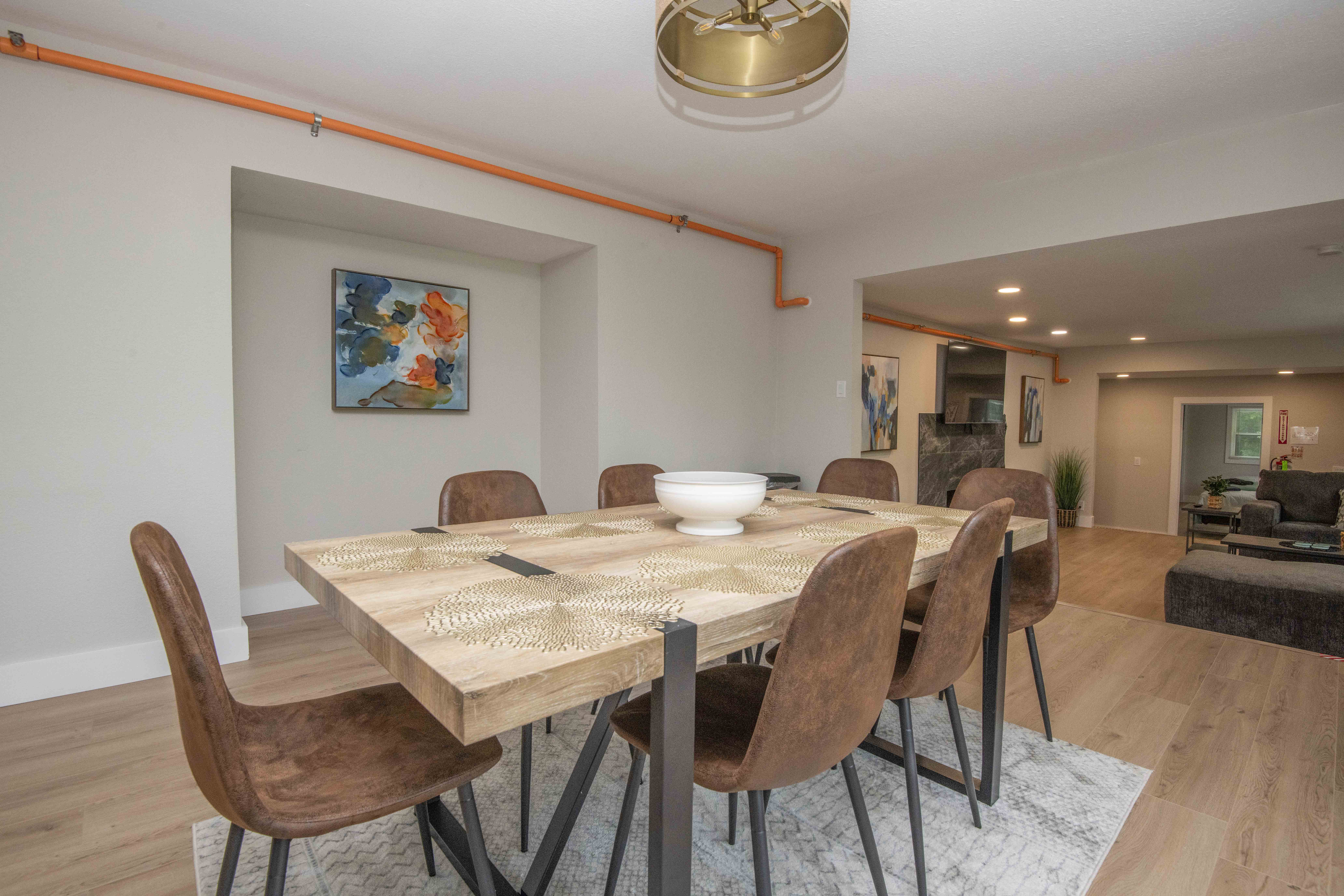 Dining table with seating for eight and modern decor