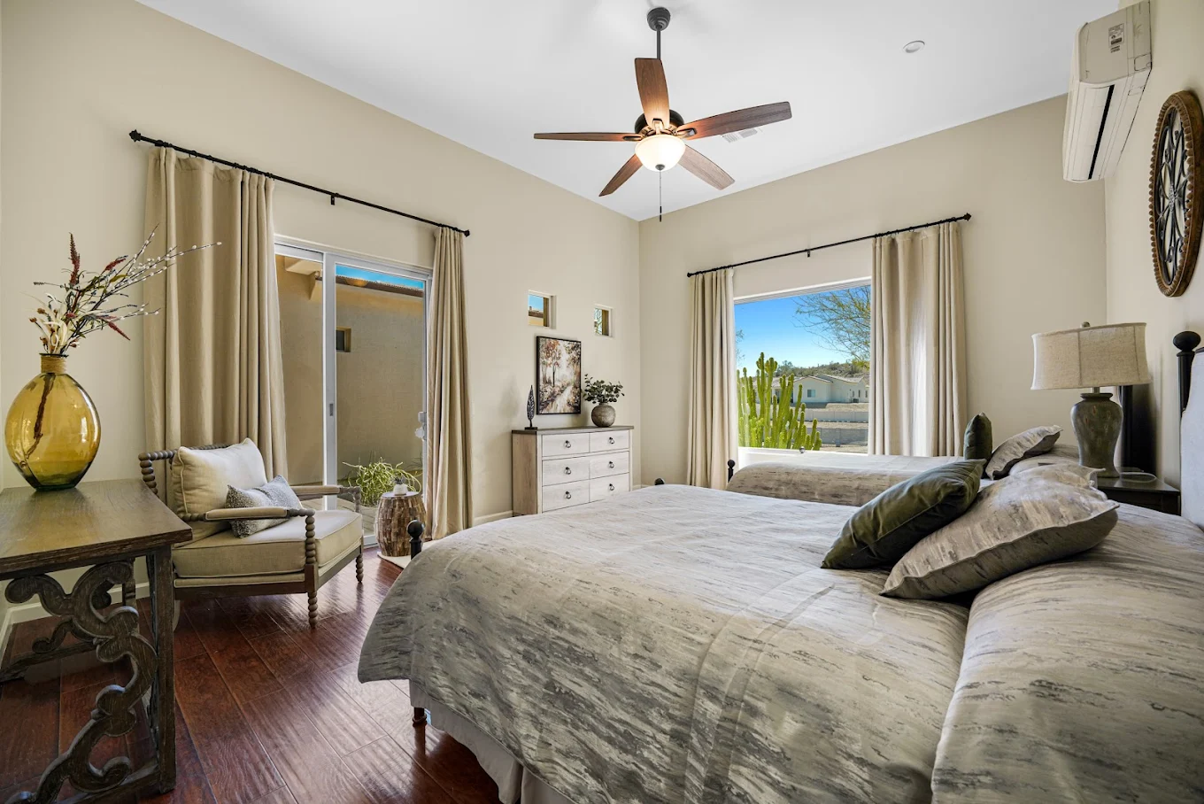 Cozy bedroom with large bed and natural light