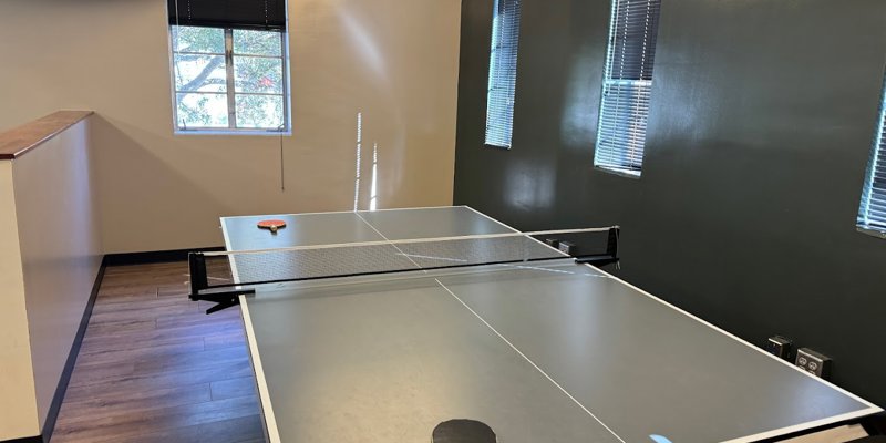 Bright recreation room featuring a ping pong table, wooden flooring, and natural light, providing a fun and engaging space for activities.